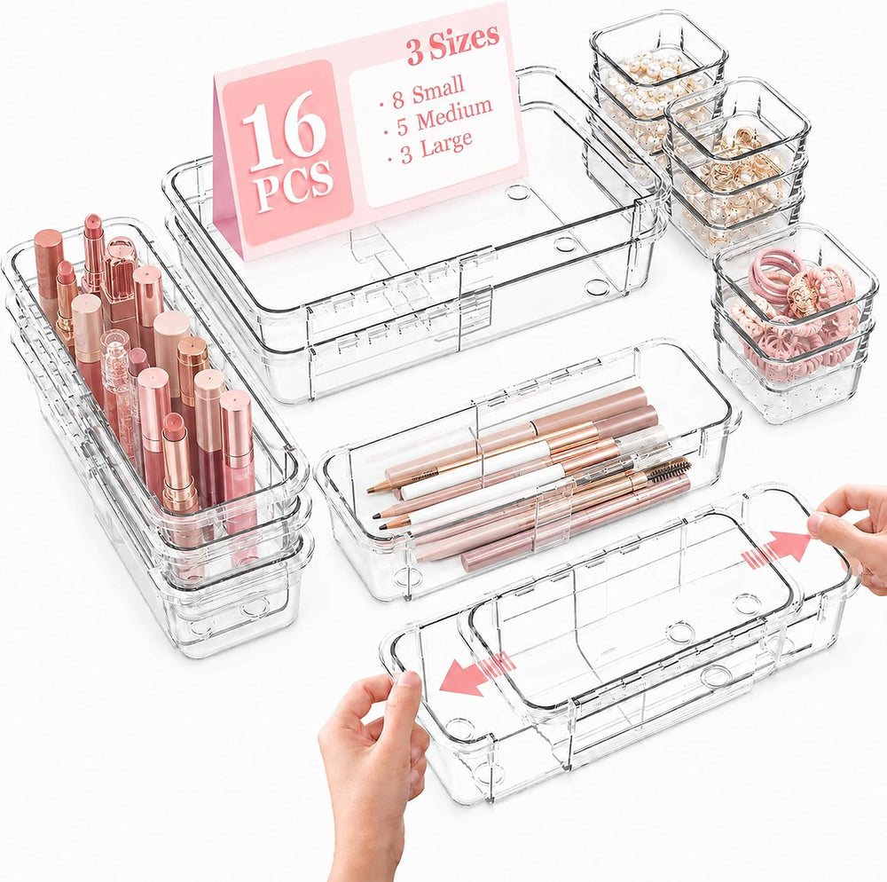 Adjustable Clear Drawer Storage Organizer, 16 Pack 3 Sizes Expandable Plastic...