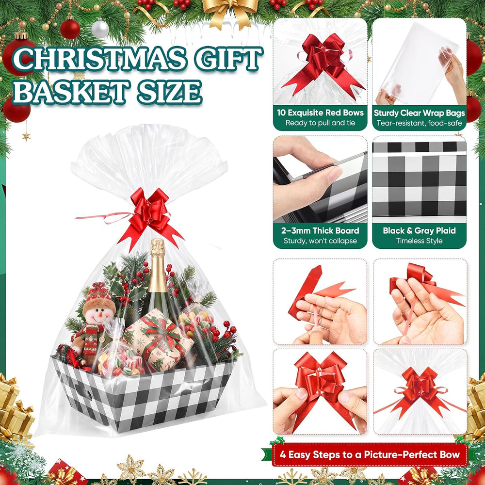 AFOROEOA 10 Pack Christmas Gift Baskets Empty, 10x12 Inch Black Plaid Gift Ba...