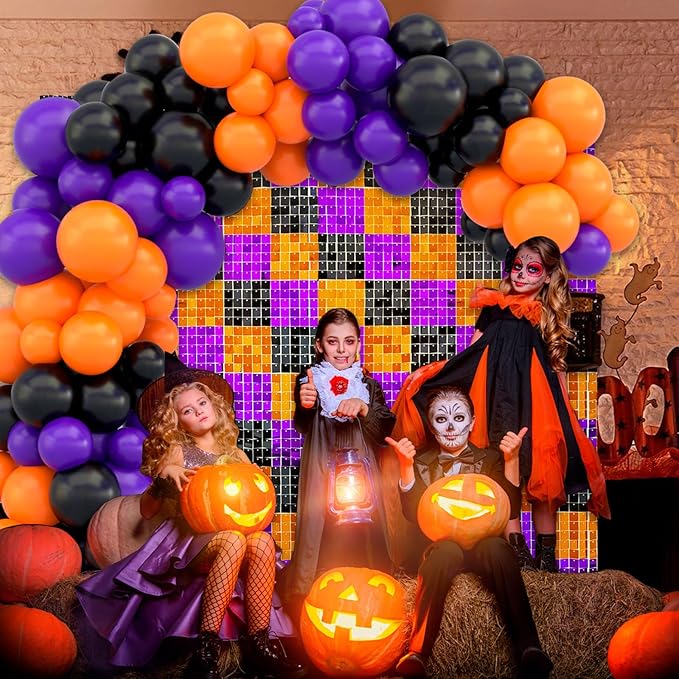 12PCS Black Orange Purple Shimmer Wall Backdrop, Laser Square Sequin Photo Ba...