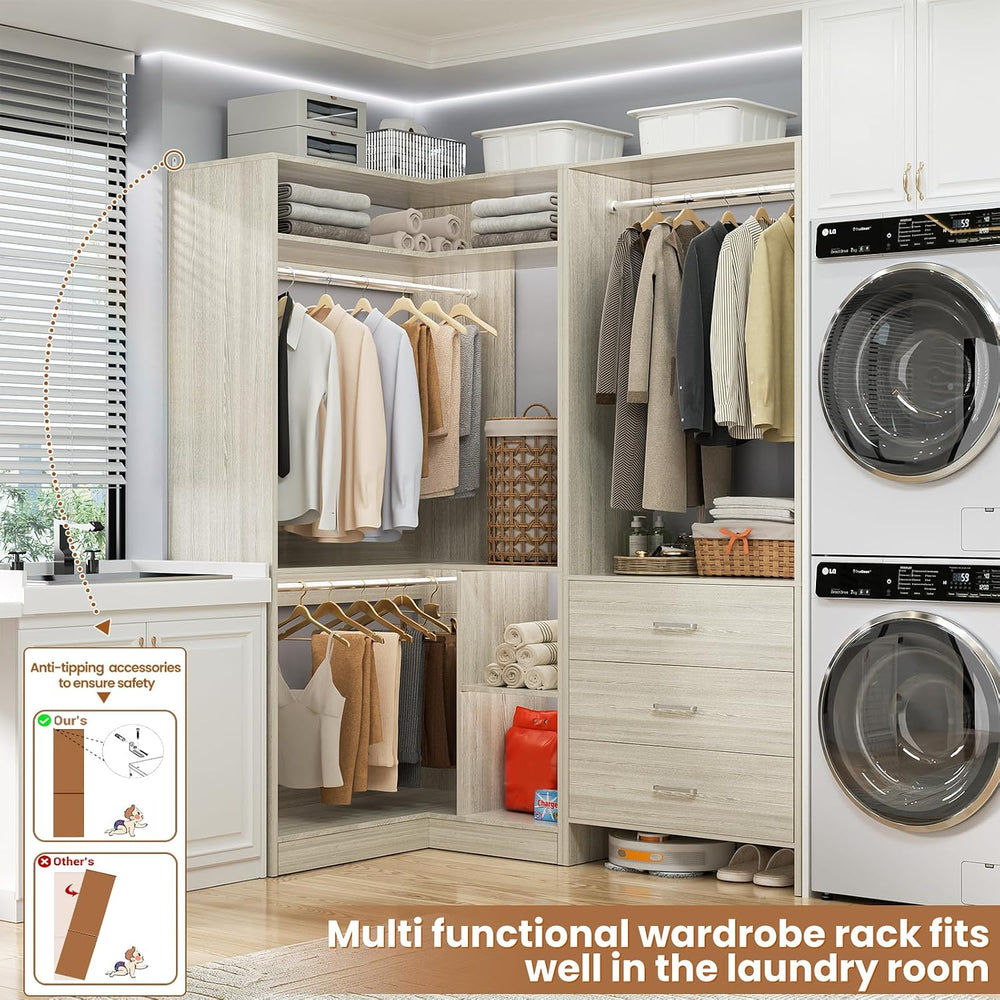 Aheaplus Closet System with 3 Drawers, L-Shaped Closet,Set of 2, White Oak