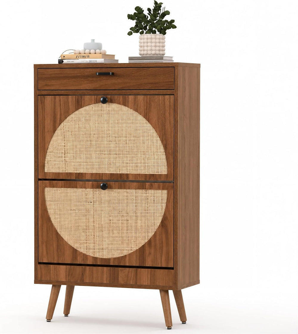 XIAO WEI Rattan Shoe Cabinet, Semi Circle, 2 Flip Drawers, Warm Walnut