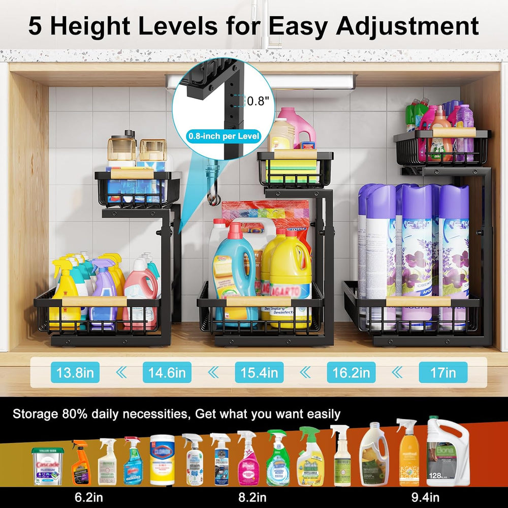 Under Sink Organizer 2 Pack,Adjustable Height 2-Tier Slide Out Drawer,Black
