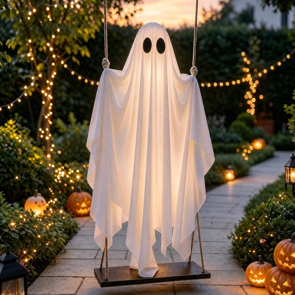 Hanging Ghost Halloween Decorations Outdoor, 7-12 FT Light Up Ghost Swing