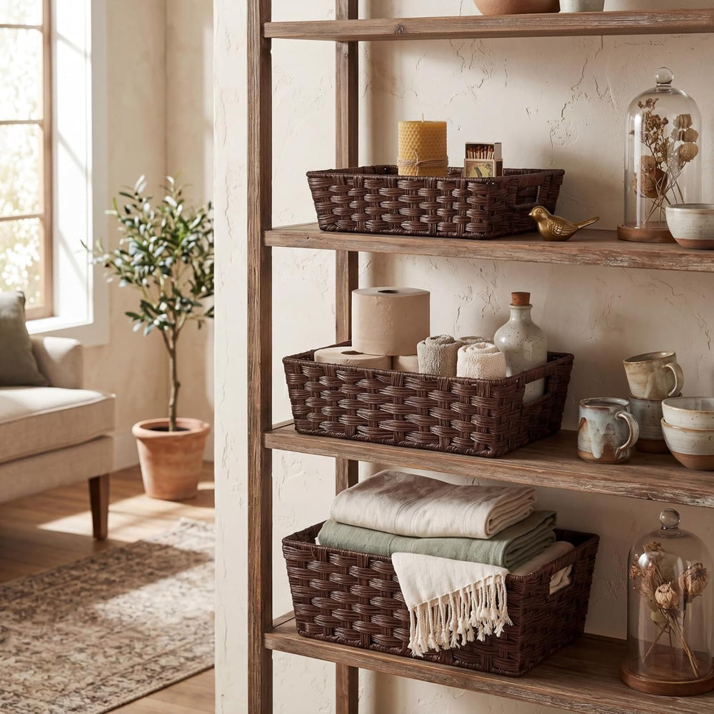 Set of 3 Large Wicker Storage Baskets for Organizing, Brown