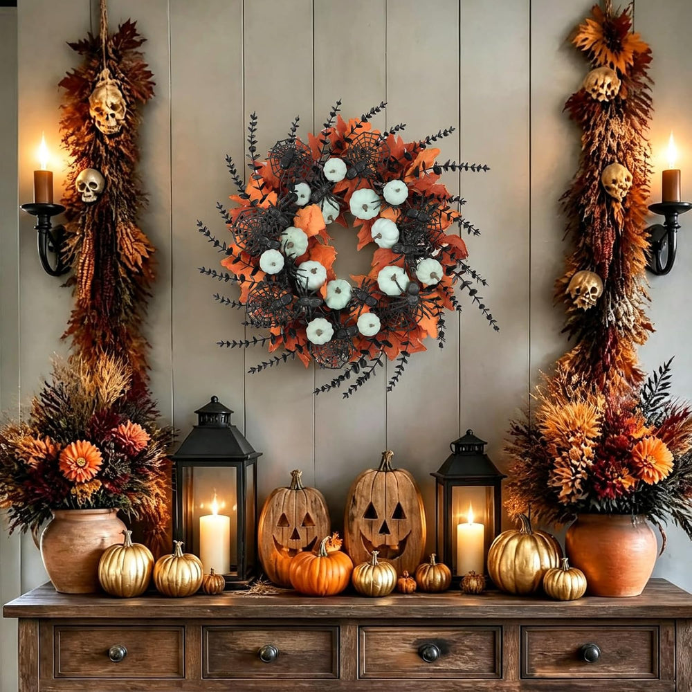 Idyllic 24" Halloween Wreath Pumpkins Maple Black Spiders for Front Door