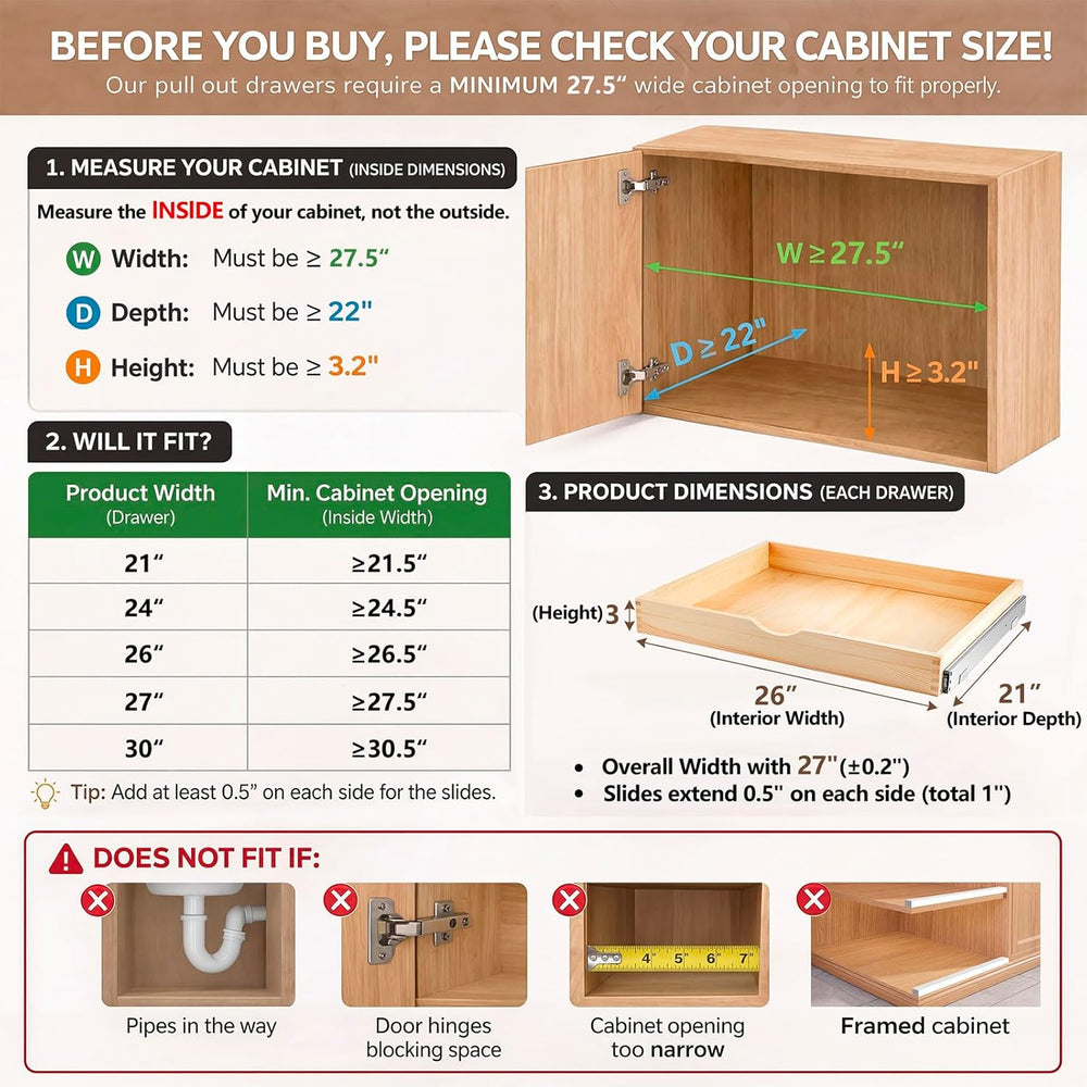 Menkxi 2 Set Wood Pull out Cabinet Organizer, Wood Color, 27'' X 21