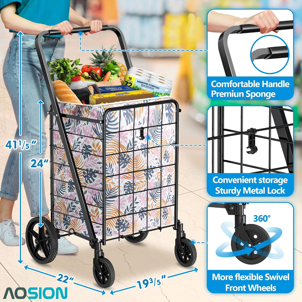 Folding Shopping Carts for Groceries,220lb Rolling Utility Cart with Wheel