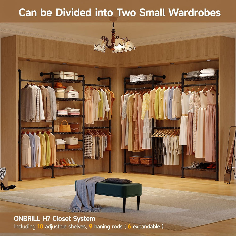 ONBRILL L7 Wall Mounted Industrial Pipe Clothing Rack, Corner Closet System