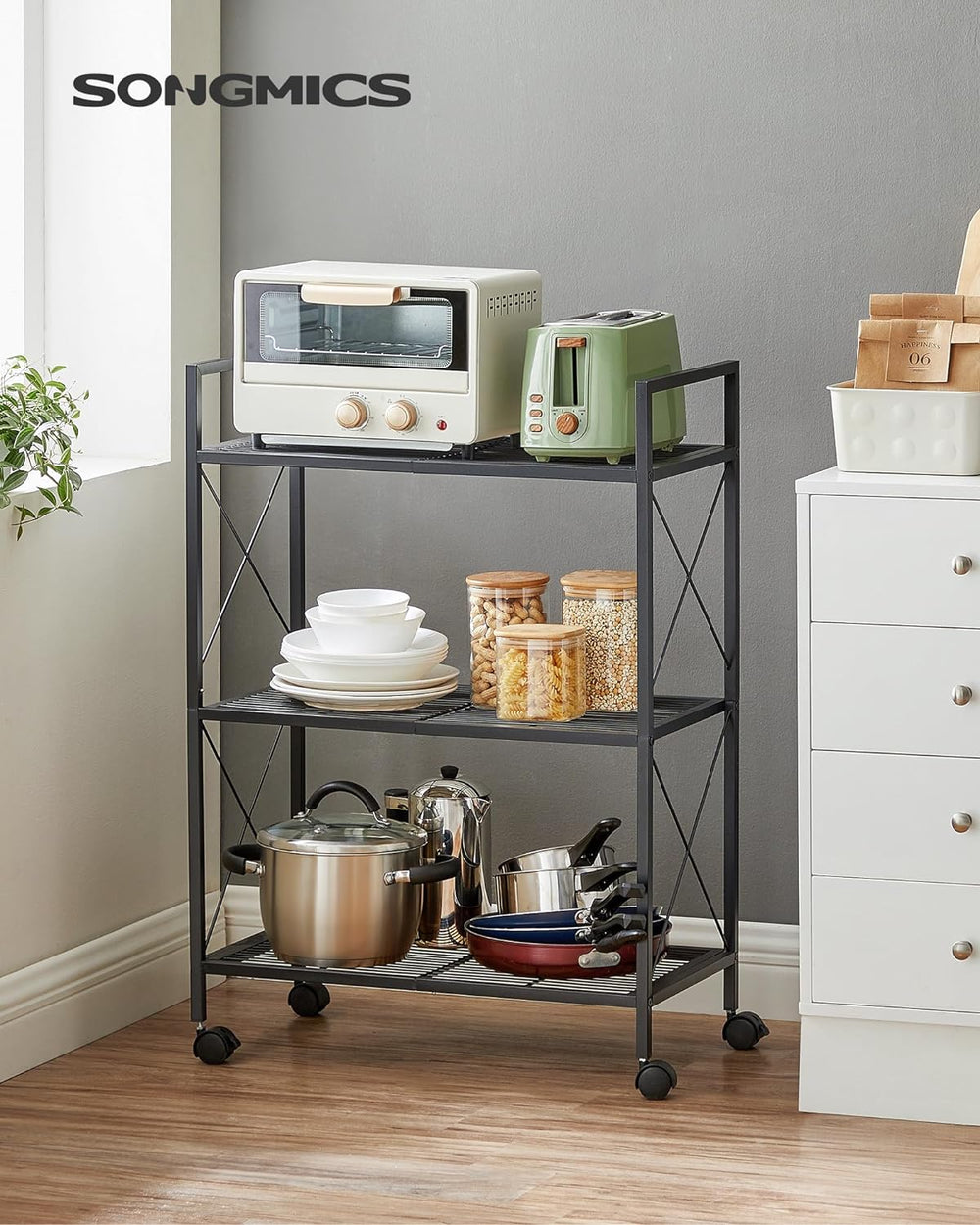 SONGMICS 3-Tier Steel Storage Rack with Wheels, Mesh Shelving Unit