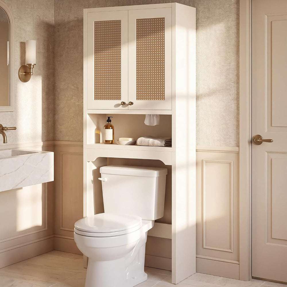 Over the Toilet Storage Cabinet with Rattan Door & Adjustable Shelf, White