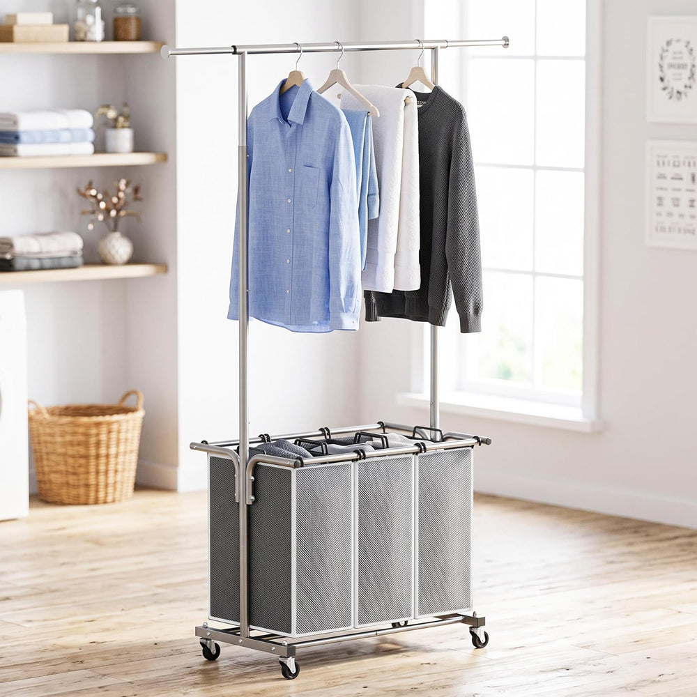 Simple Houseware Laundry Sorter Cart with Hanging Rod, Silver