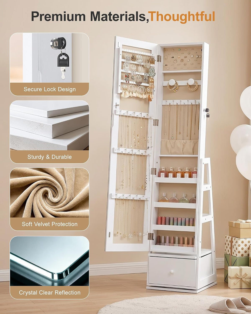Nicetree 360°Swivel Large Jewelry Organizer,Full Length Mirror with Storage