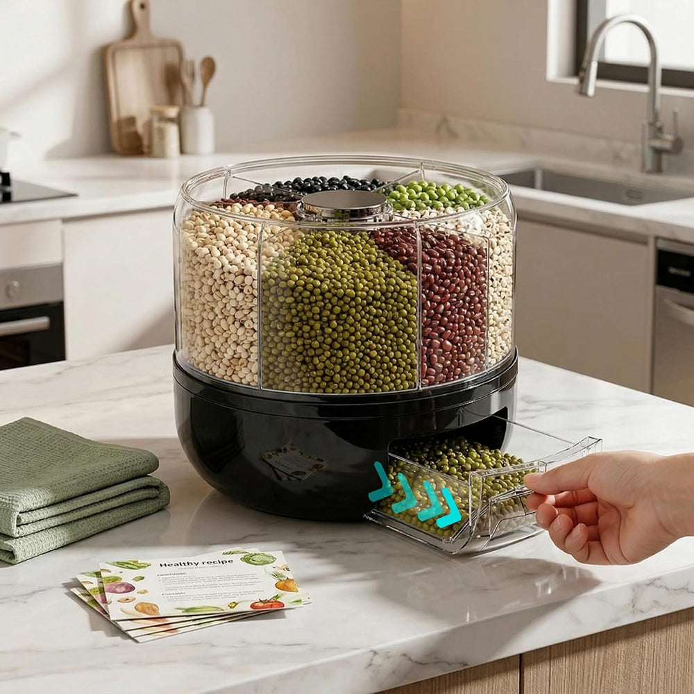 Rotating Grain Storage Bin 6 Grids Rice Container One-Click Output Large Capa...
