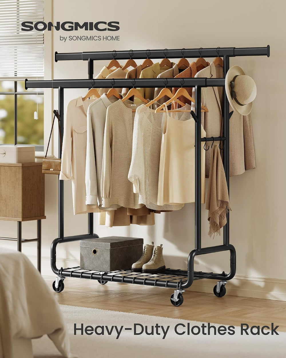 SONGMICS Clothes Rack, Heavy-Duty Rolling Garment Rack with Shelf