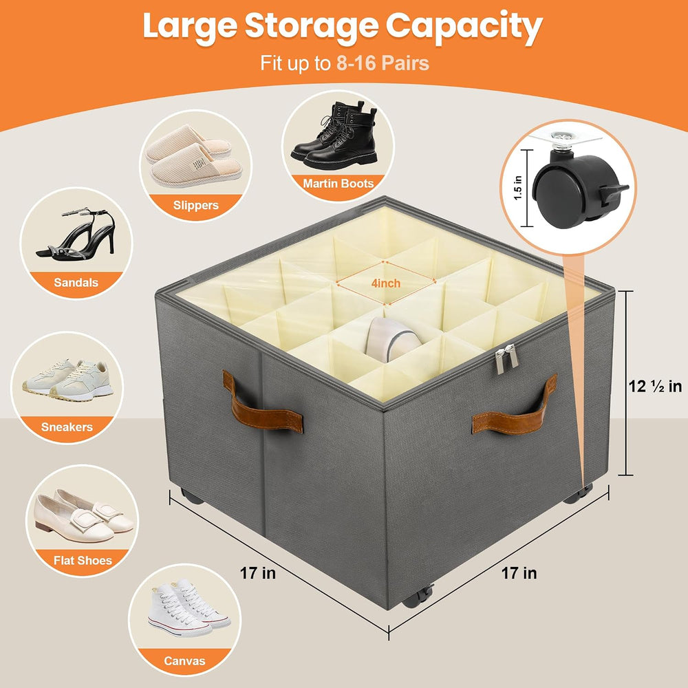 Foyego 2 Pack Shoe Organizer for Closet, Shoe Storage with Wheels, Gray