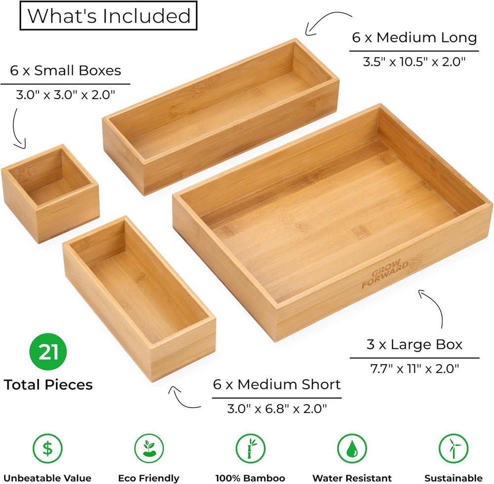 Grow Forward Bamboo Drawer Organizer Boxes - Set of 21 Wooden Drawer Organize...