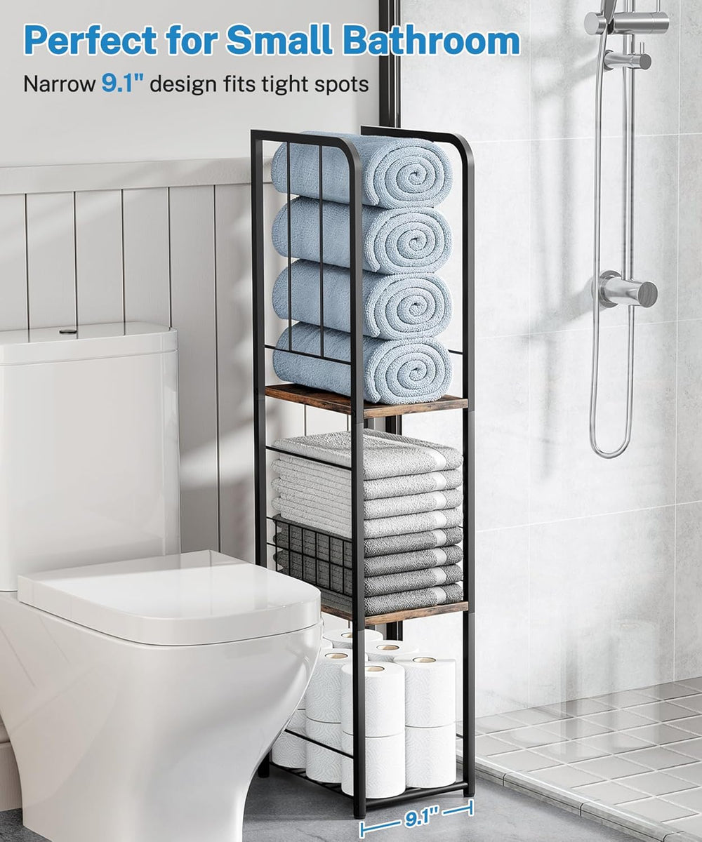 KIMBORA Narrow Towel Storage for Bathroom, 3-Tier Free Standing Bathroom Towe...