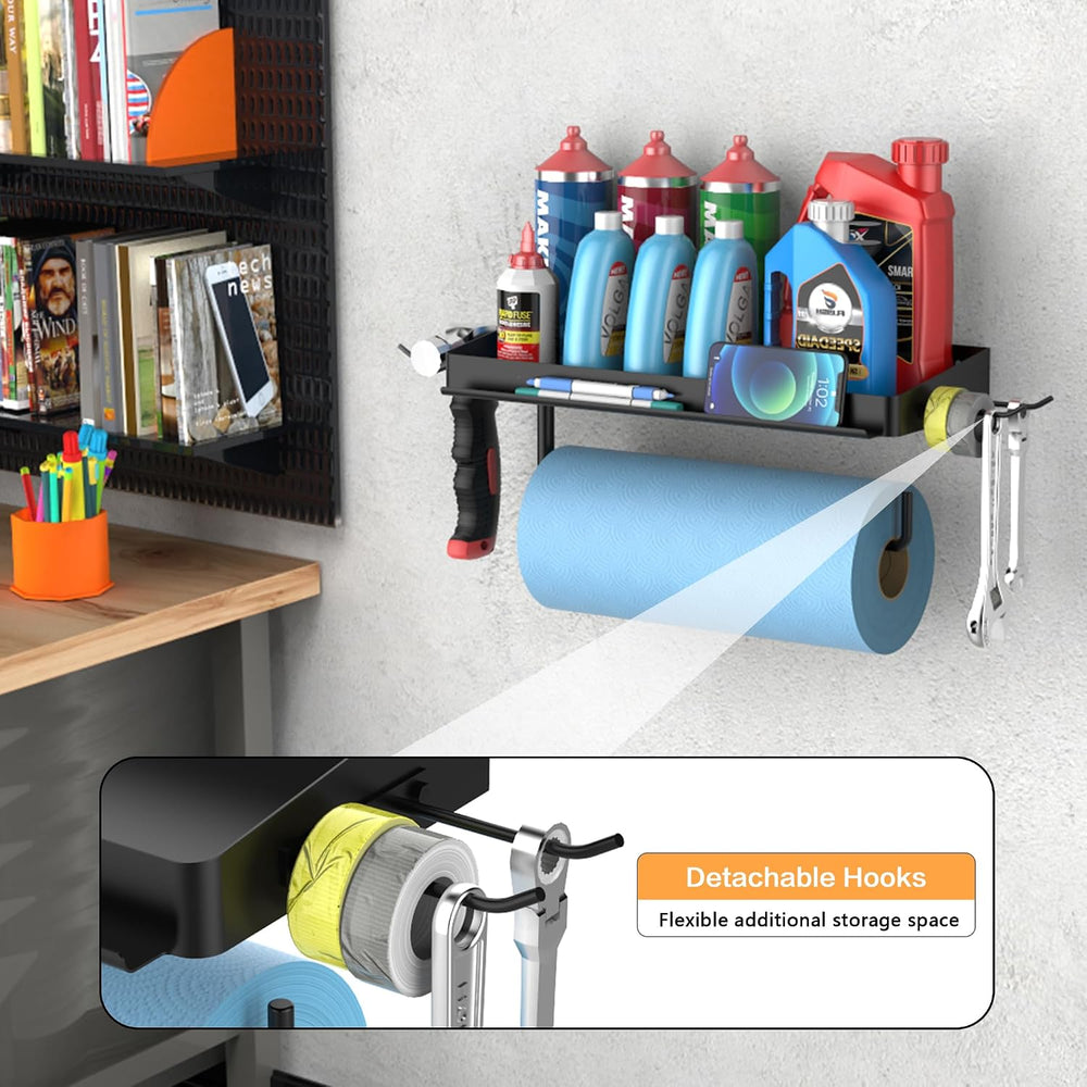 SUNTECH Garage Paper Towel Holder with Shelf, Wall-Mount (Black)