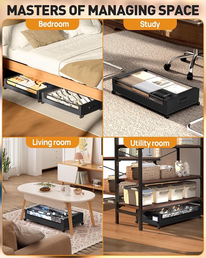 Under Bed Storage with Wheels, Square Under Bed Storage Containers, 4 Pack