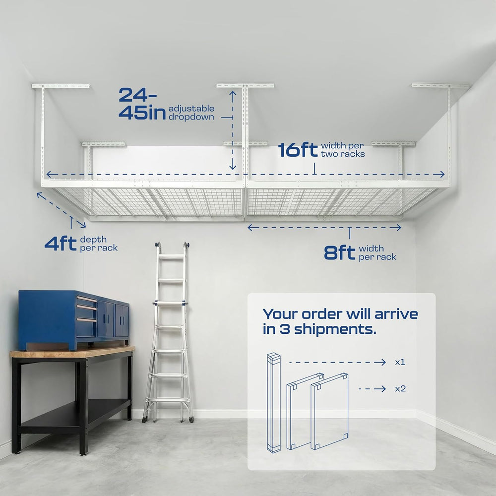 MonsterRax 2-Pack 4x8 Overhead Garage Storage Rack, White, 24"-45" ...