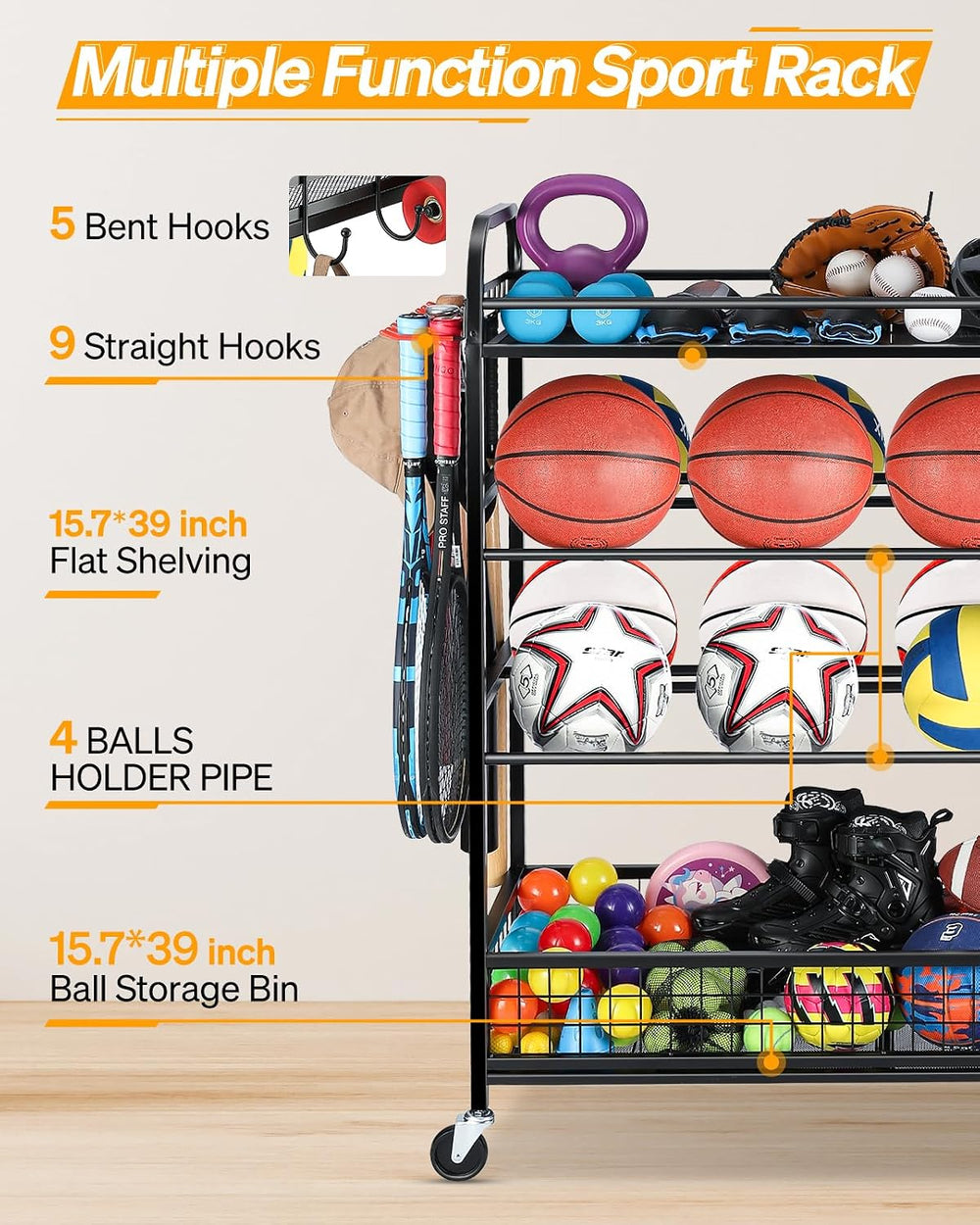 EXTCCT Garage Sports Equipment Organizer - Rolling Ball Storage with Wheels
