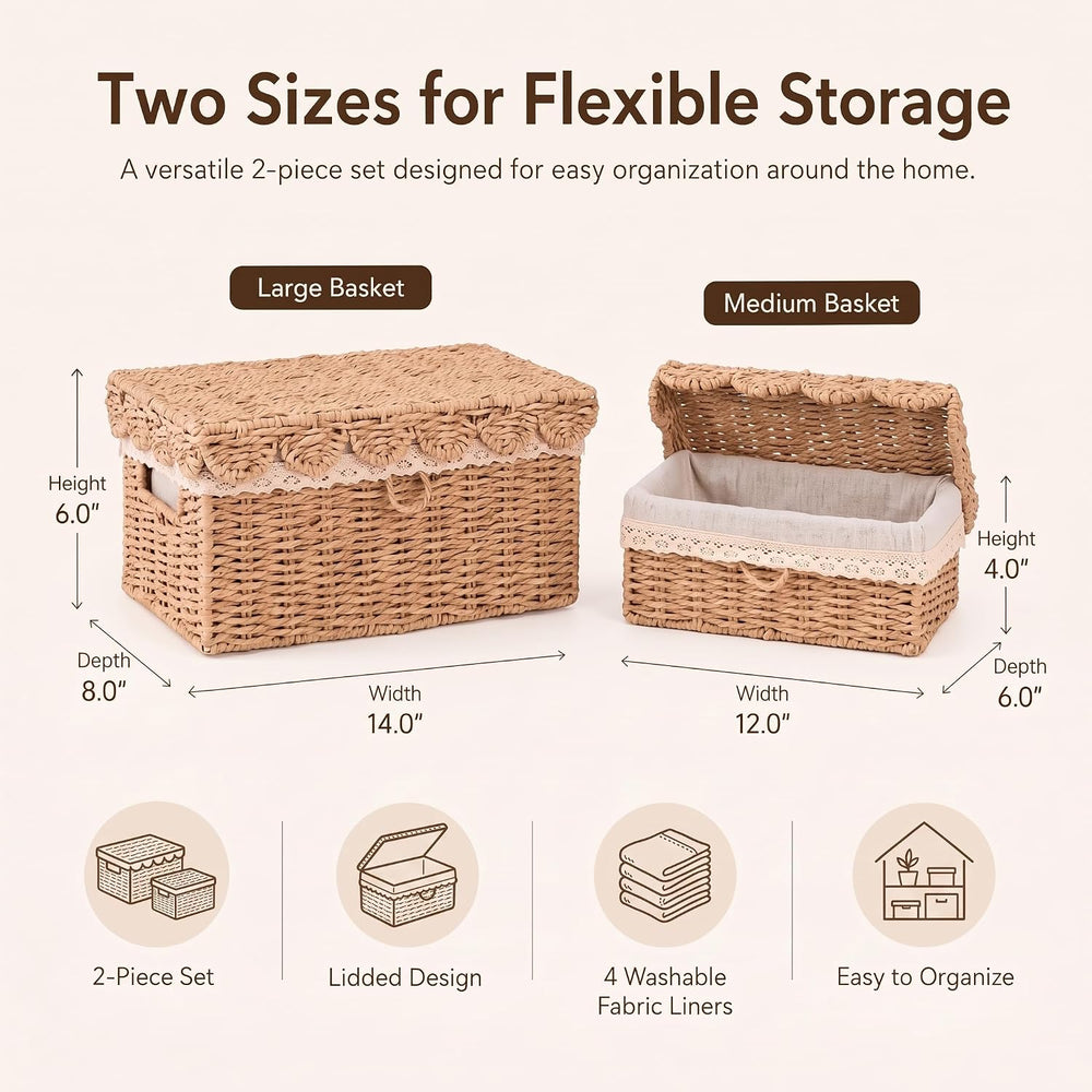 Scalloped Wicker Baskets with Lid, 2 Pack, 4 Liners, Paper Rattan