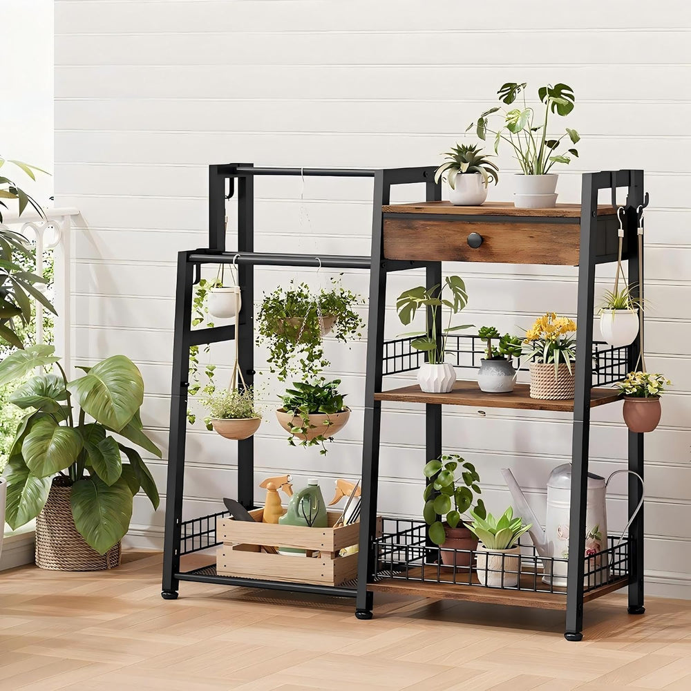 2-in-1 Bathroom Ladder Shelf with Towel Rack & Drawer,Rustic Brown