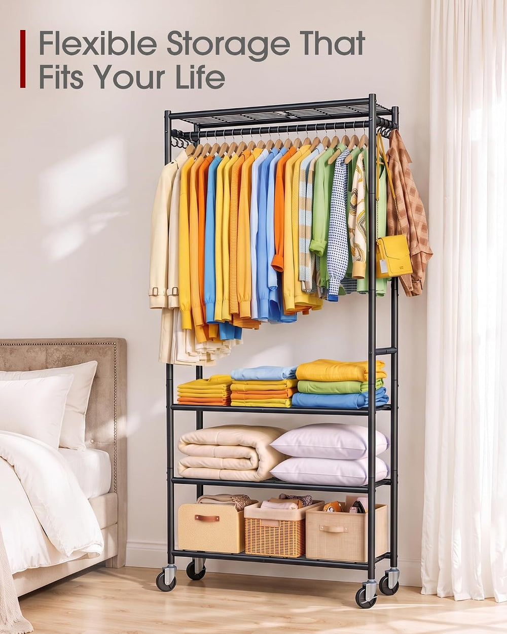 Sakugi Rolling Clothes Rack with Adjustable Shelves, 33"x12.5"x79.5...