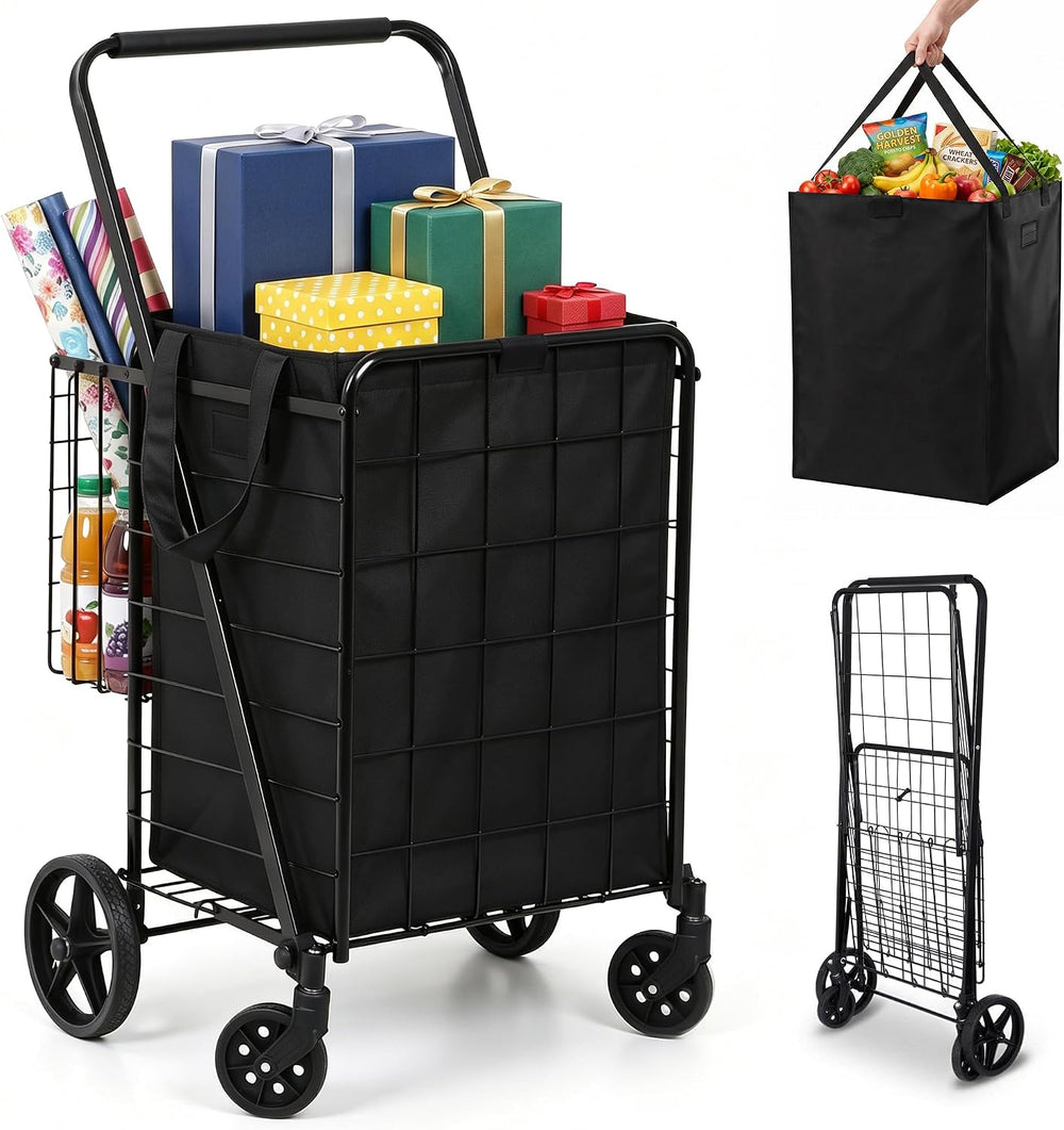 Foldable Shopping Utility Cart Portable Grocery Cart with 360° Whees Double W...