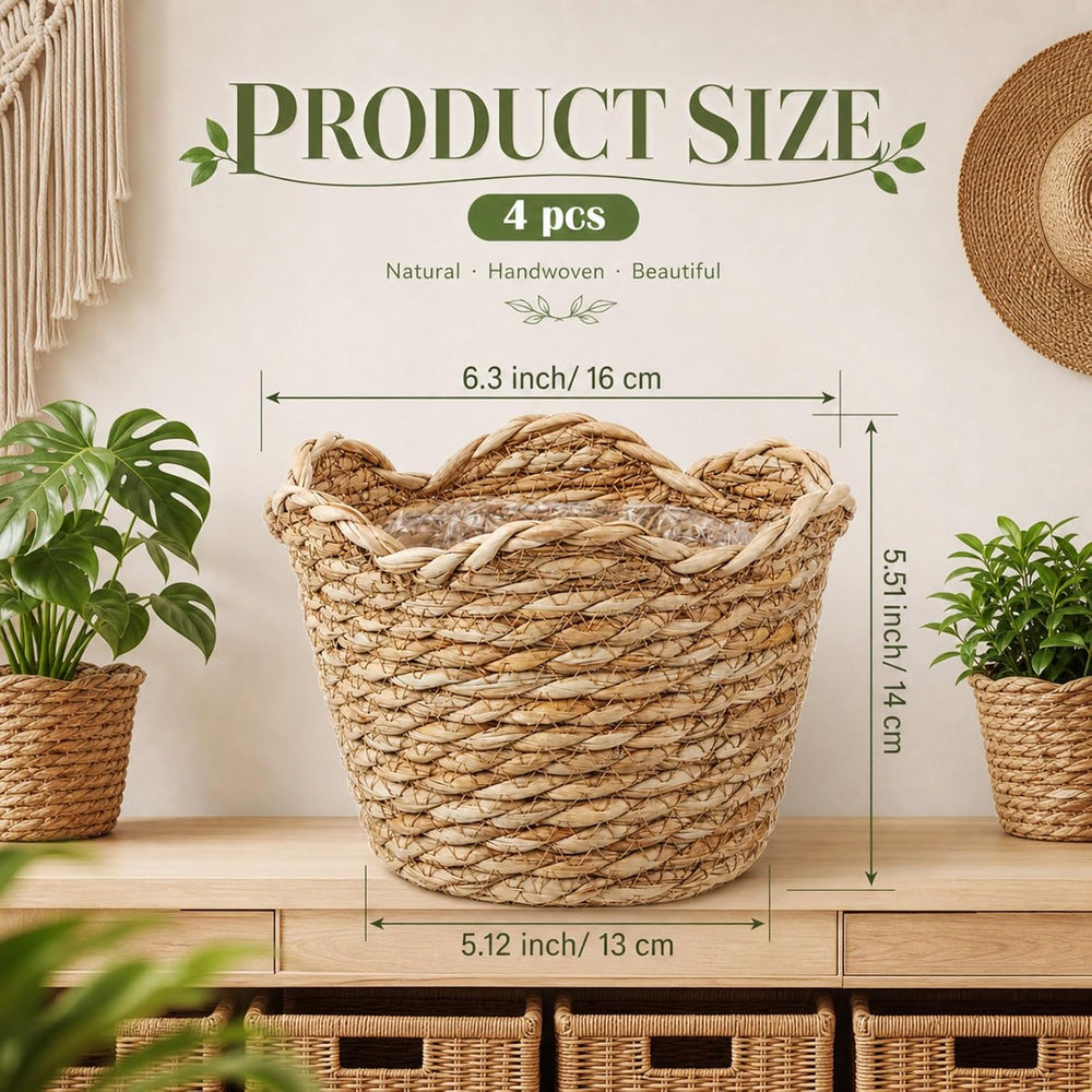 4 Pack Seagrass Woven Plant Basket with Waterproof Plastic Liner, Wicker Stra...