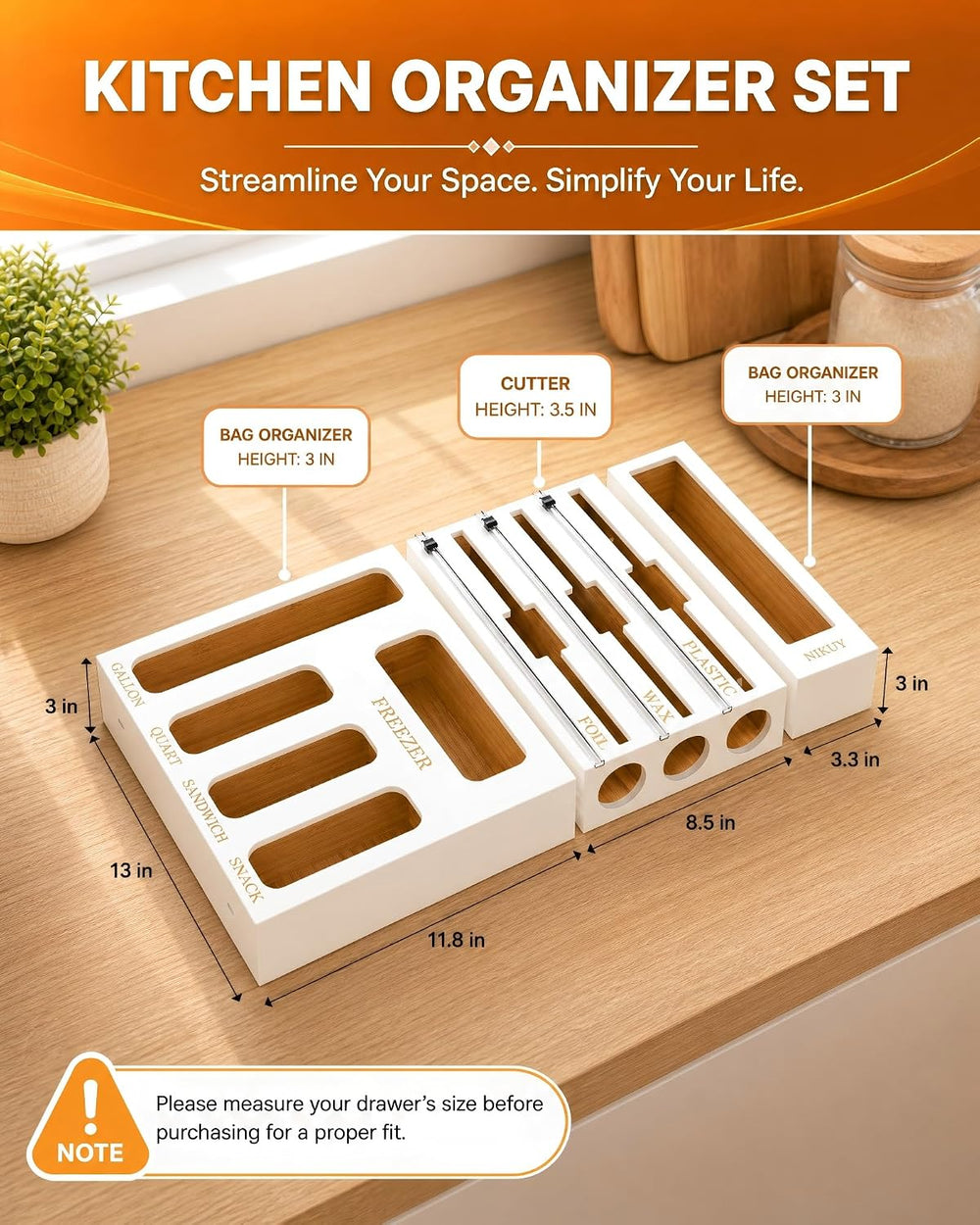 Bamboo Foil and Plastic Wrap Organizer for Kitchen Drawer, 9 in 1 Plastic Bag...
