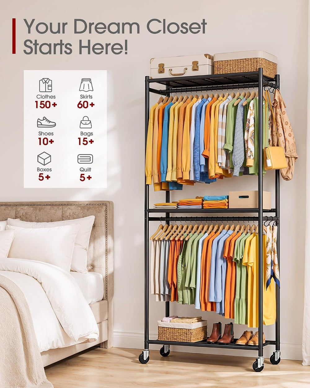 Portable Closet Clothes Rack, Dual Rods, 33 x 12.2 x 79.5 in, Black