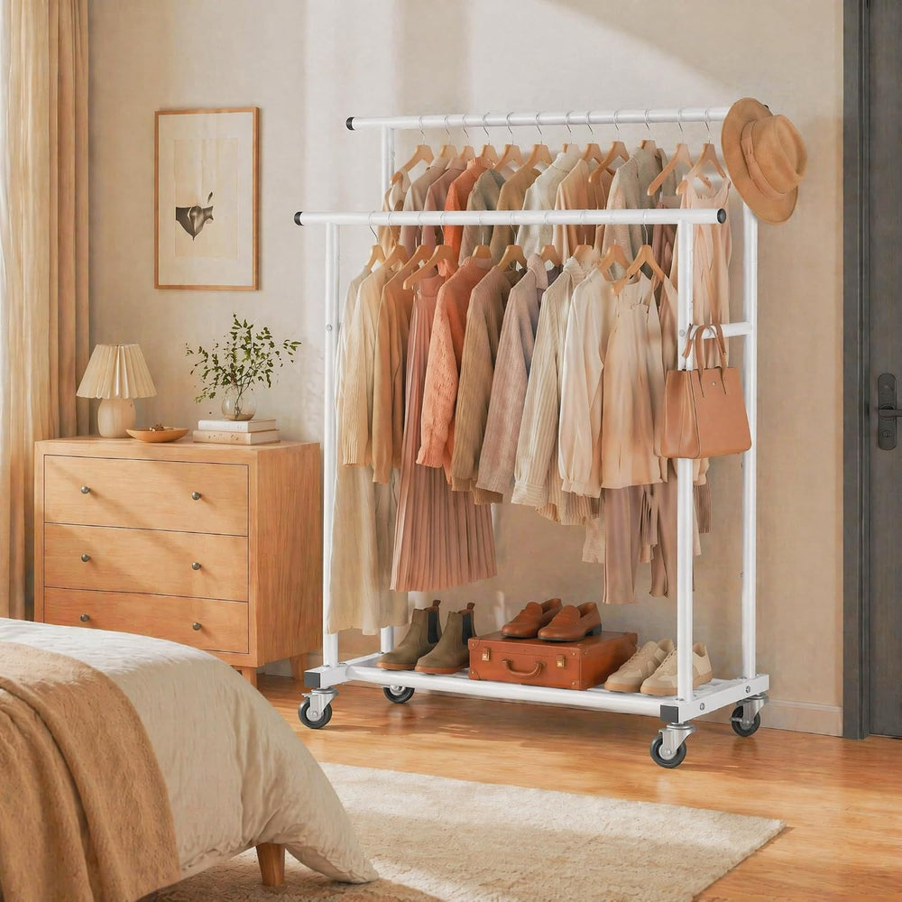 Calmootey Rolling Garment Rack, Sturdy Clothes Organizer for Bedroom