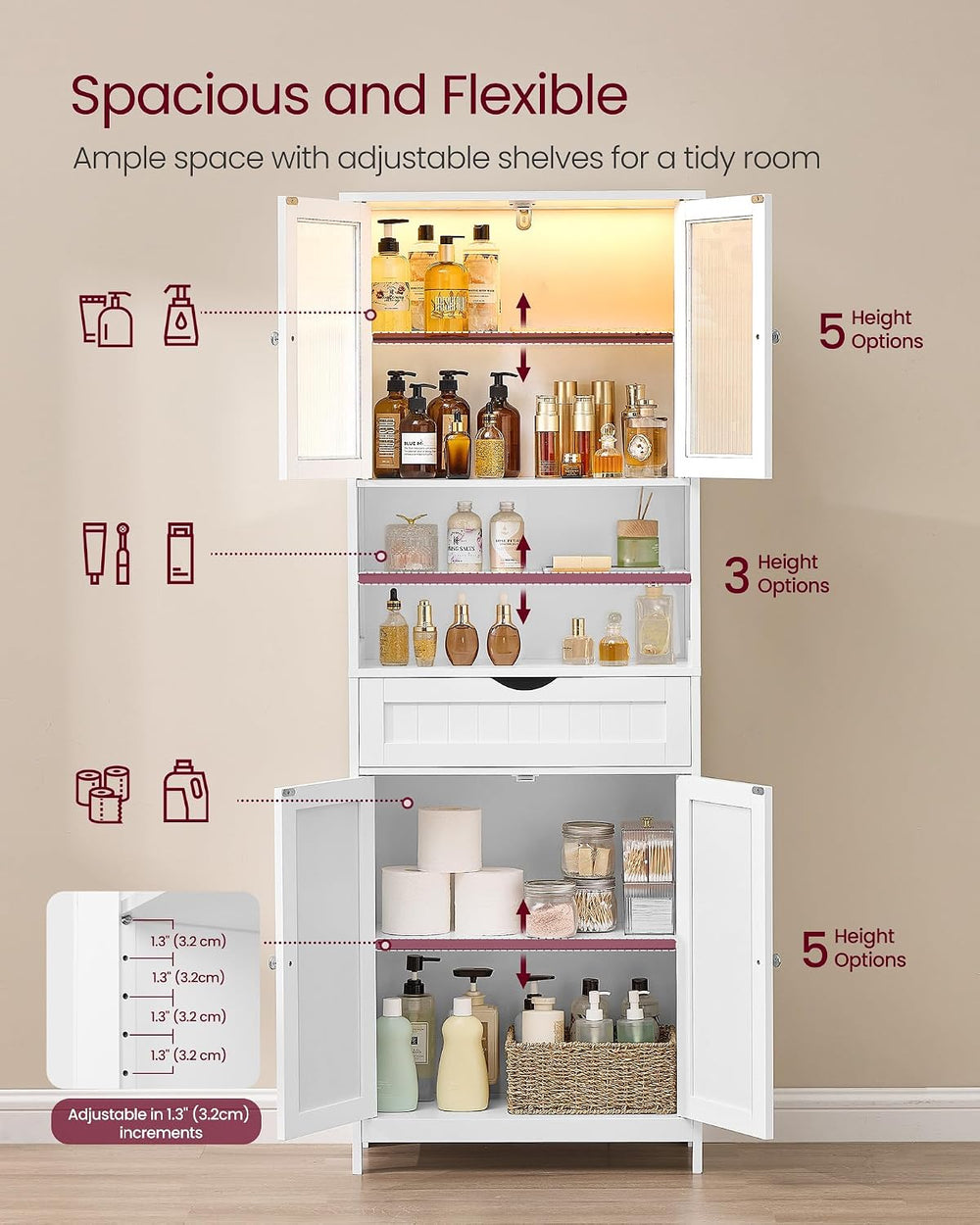 VASAGLE Storage Cabinet with LED Lights, Freestanding, Open Compartments