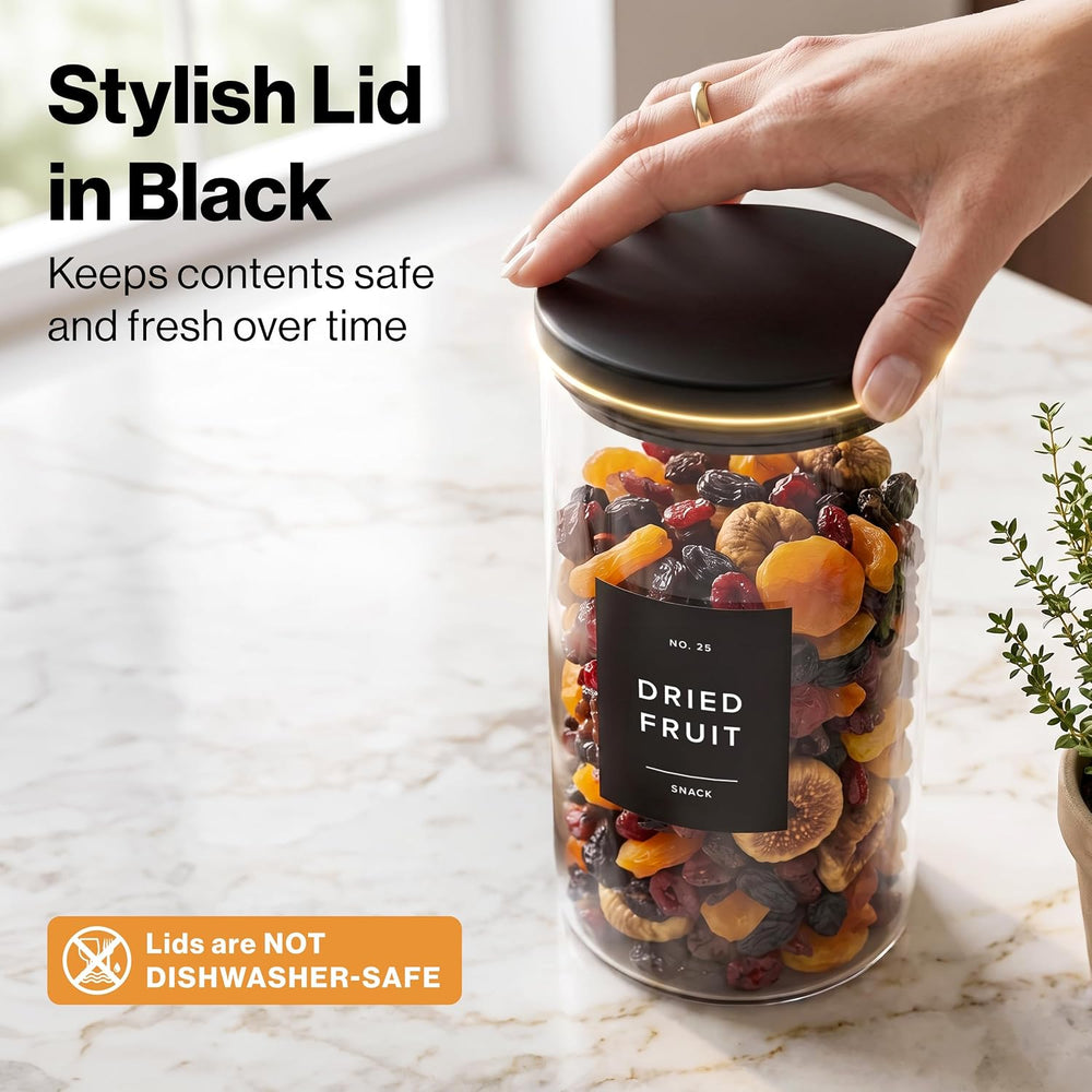 Glass Pantry Storage Jars Containers with Black Lids and Labels - Set of 5
