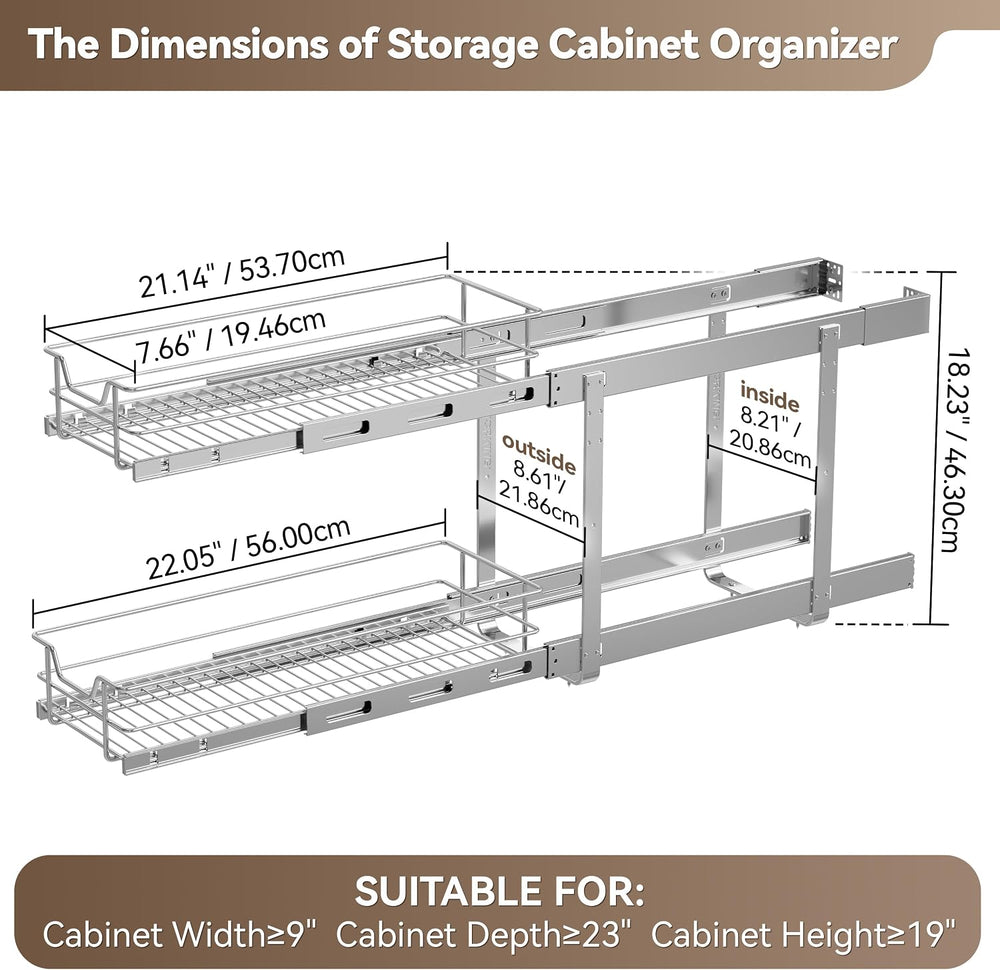 2 Tier Pull Out Cabinet Organizer 9" W X 22" D, Chromed, Full Slide...