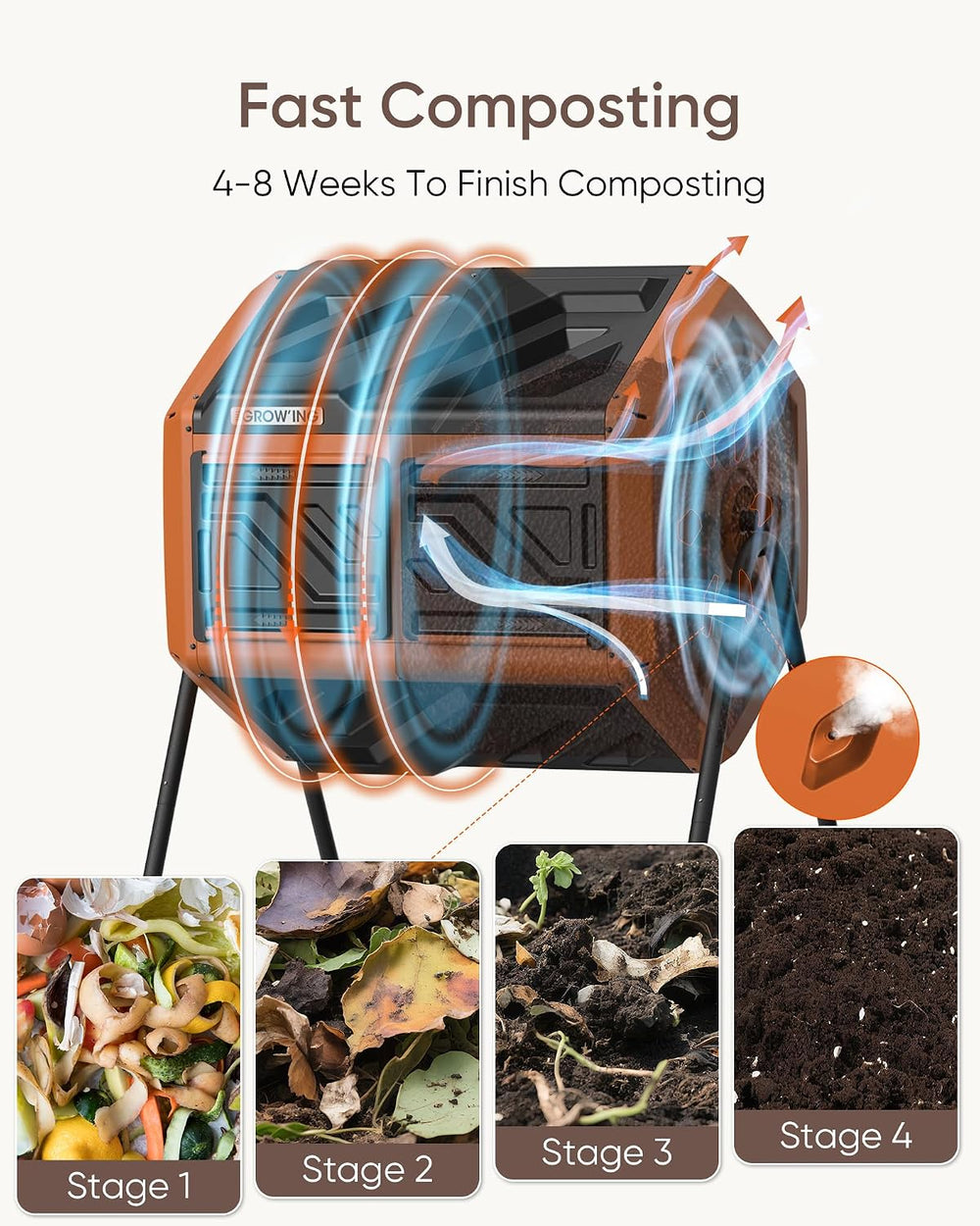 THE Growing 43 Gal Outdoor Compost Bin Tumbler for Backyard Yard, Orange
