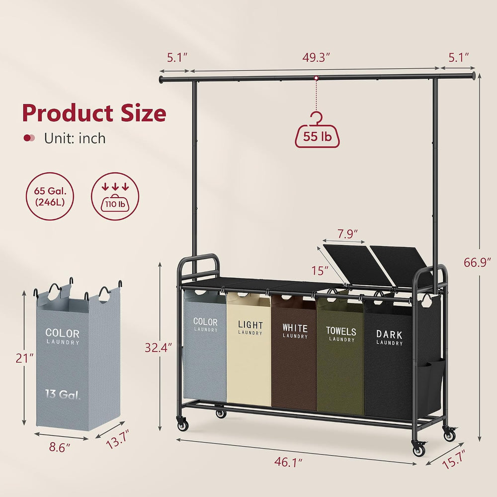 Tajsoon Laundry Sorter with Hanging Rod and Lid, 5 Section, 246L, 5 Colors
