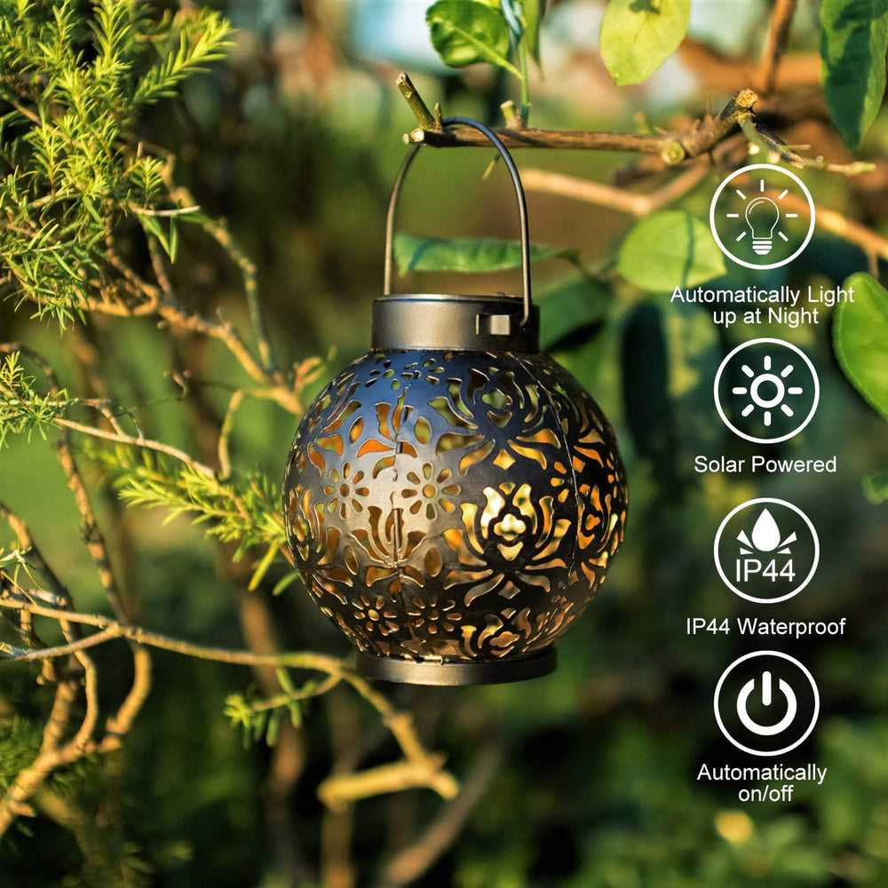 2 Pack Solar Hanging Lantern Lights, Metal Outdoor Decorative Lamp, Black