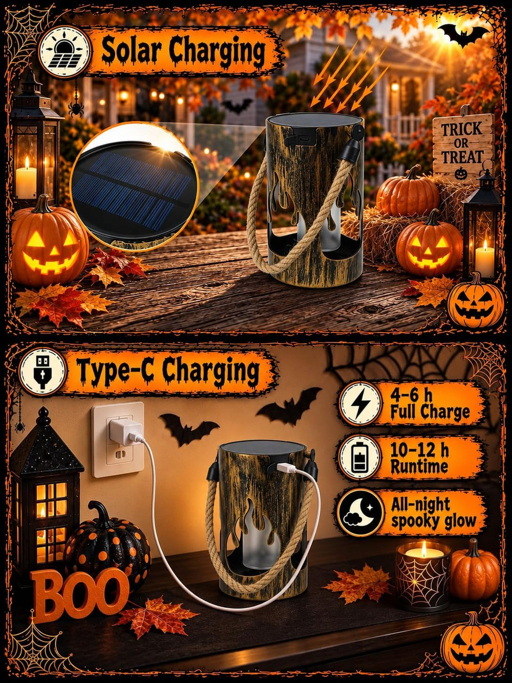 6 Pack Solar Halloween Lanterns Outdoor with Flickering Flame