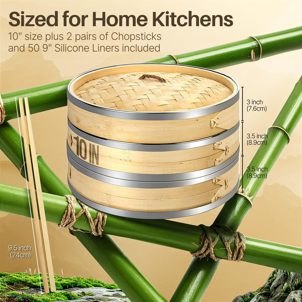 Flexzion 10-Inch Bamboo Steamer Basket Set with Stainless Steel Banding