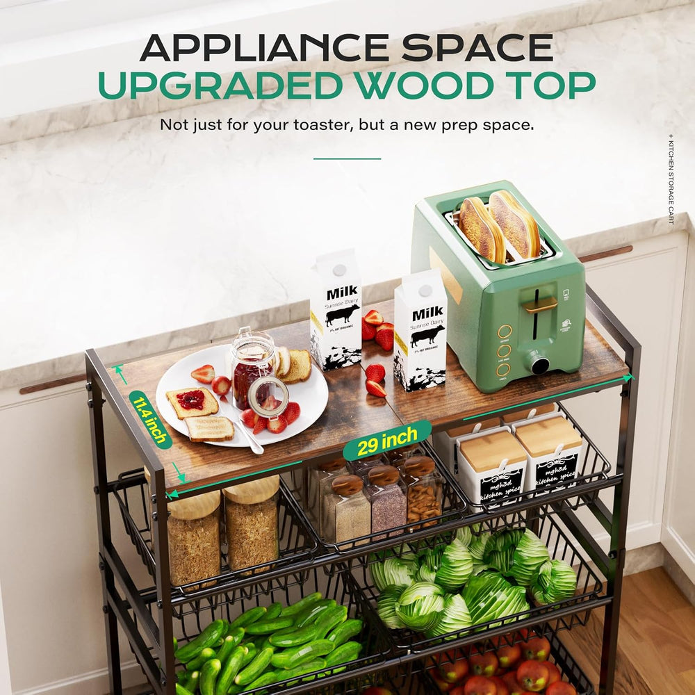 4-Tier Utility Kitchen Cart with Wood Top, 29" W Kitchen Storage Cart wi...