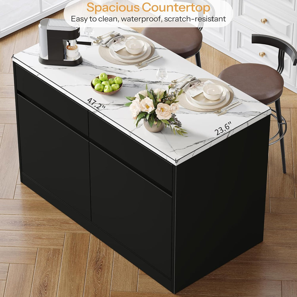 DynJest Kitchen Island with Storage, 47.2" Large Faux Marble Countertop