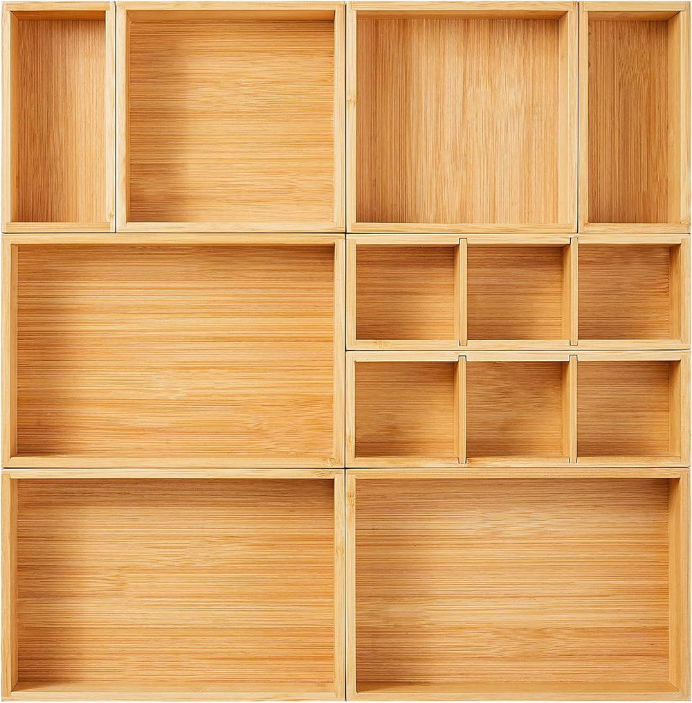 Fabsome Drawer Organizer, Set of 9 Bamboo Wood Kitchen Makeup Desk Junk Tea D...