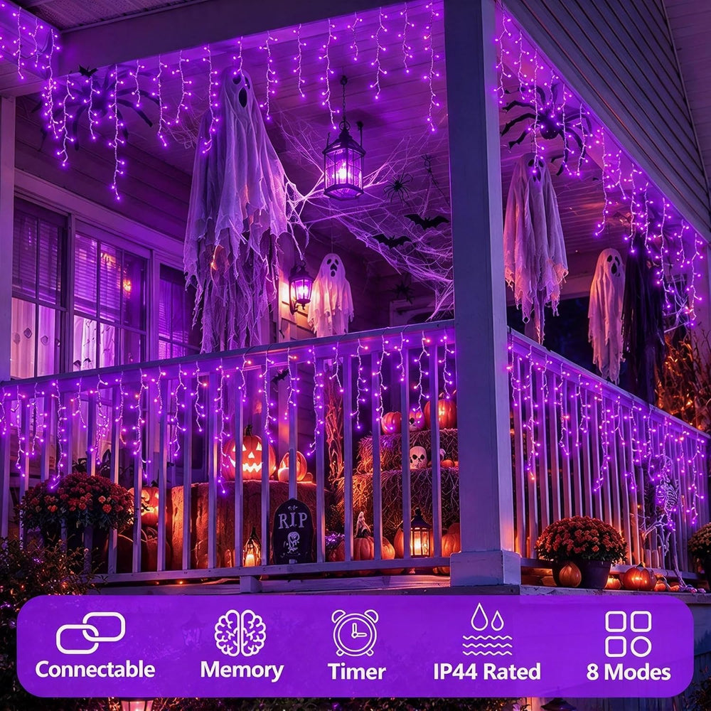 QITONG Purple Halloween Lights, 33ft 400 LED Icicle Lights for Outside Plug i...