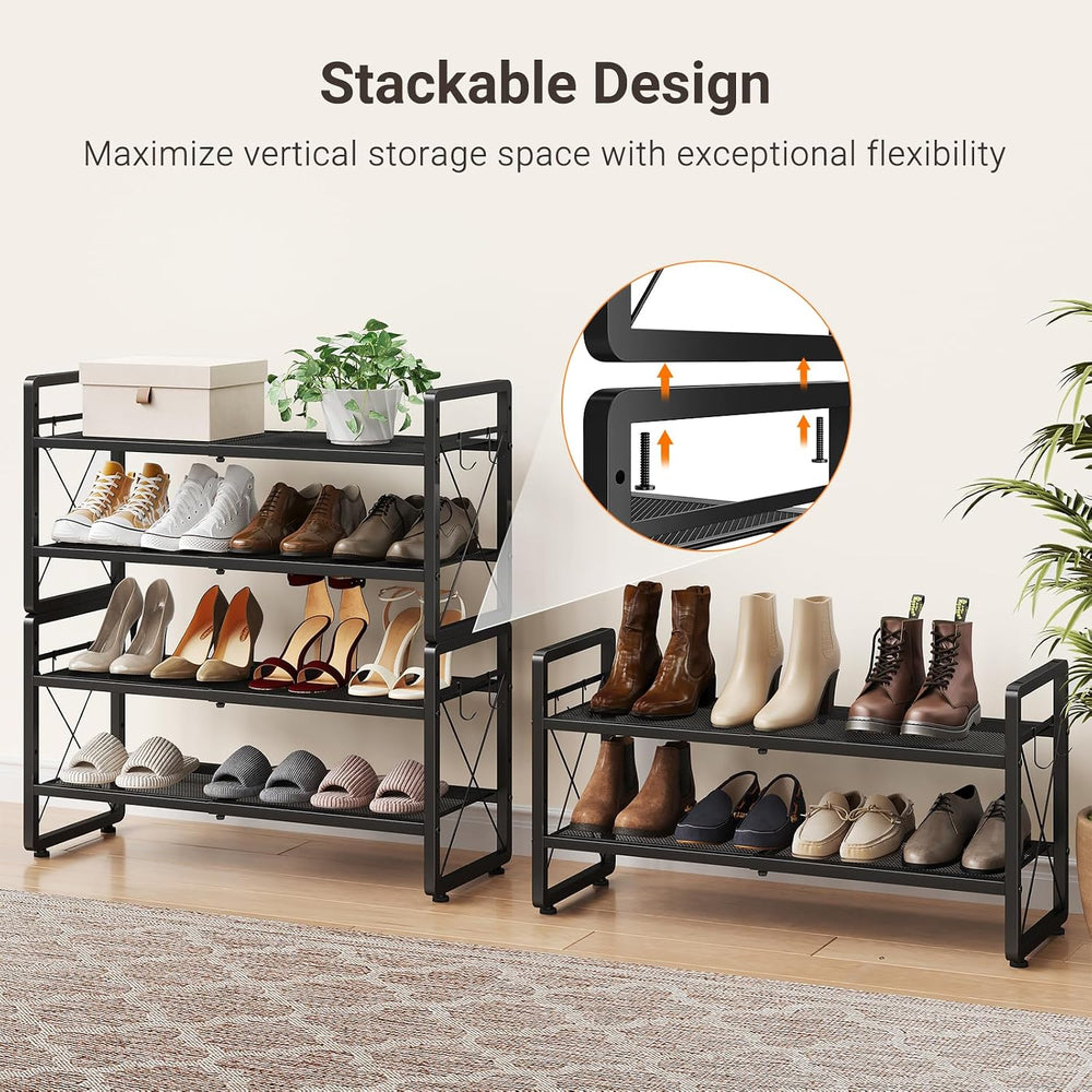 ELYKEN Expandable Shoe Rack for Closet, 2-Tier Metal Black Shoe Organizer
