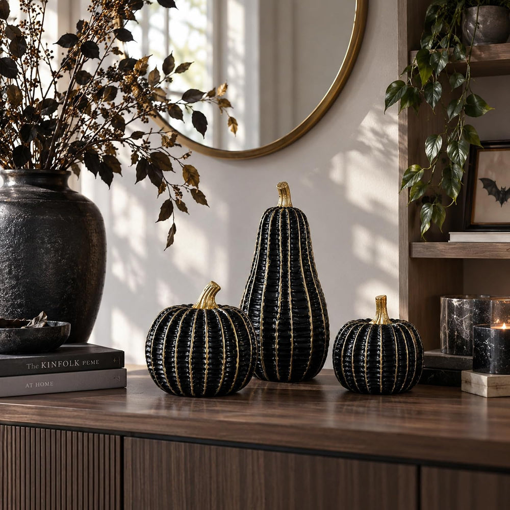 Parsin 3 Pcs Black & Gold Resin Pumpkin Decorations for Fall and Halloween