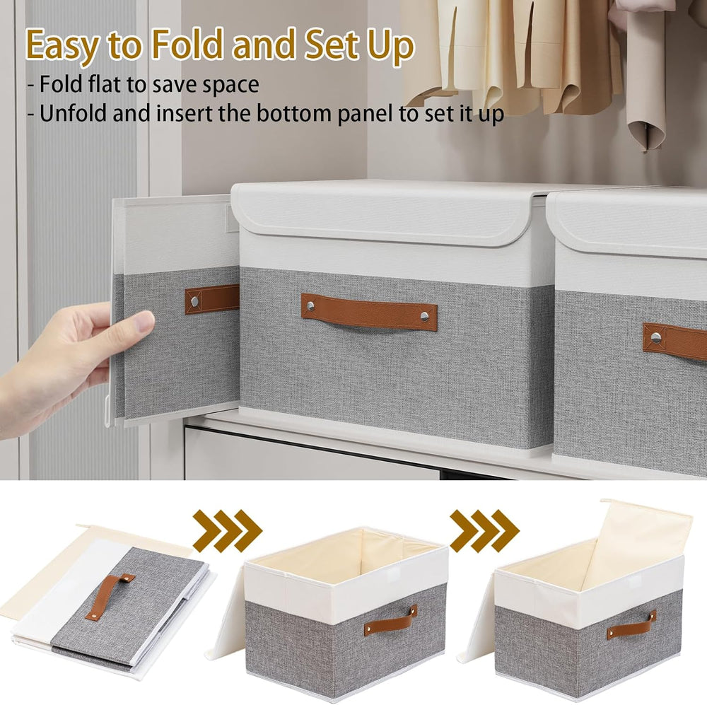 Yawinhe Fabric Storage Boxes with Lids,White/Grey,15.0x9.8x9.8in,7-Pack