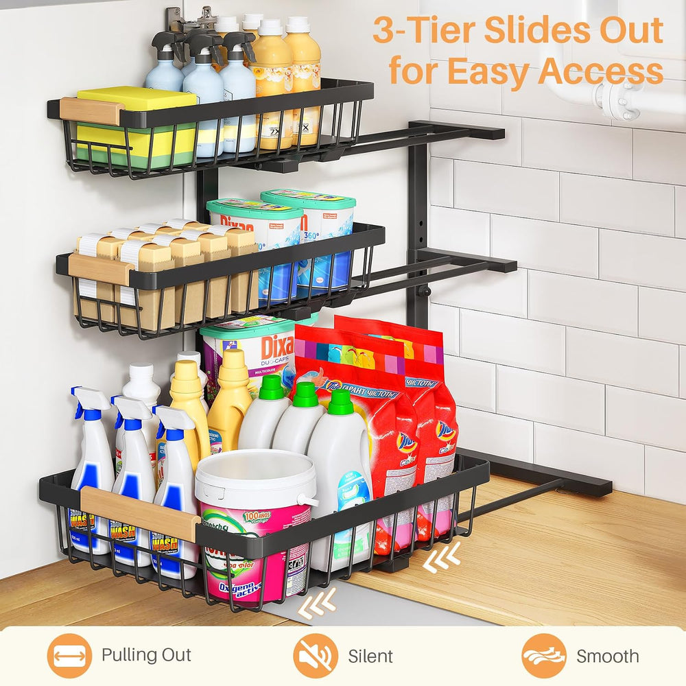 PXRACK Under Sink Organizer, 3-Tier 2-Pack Adjustable Height Pull Out Under C...