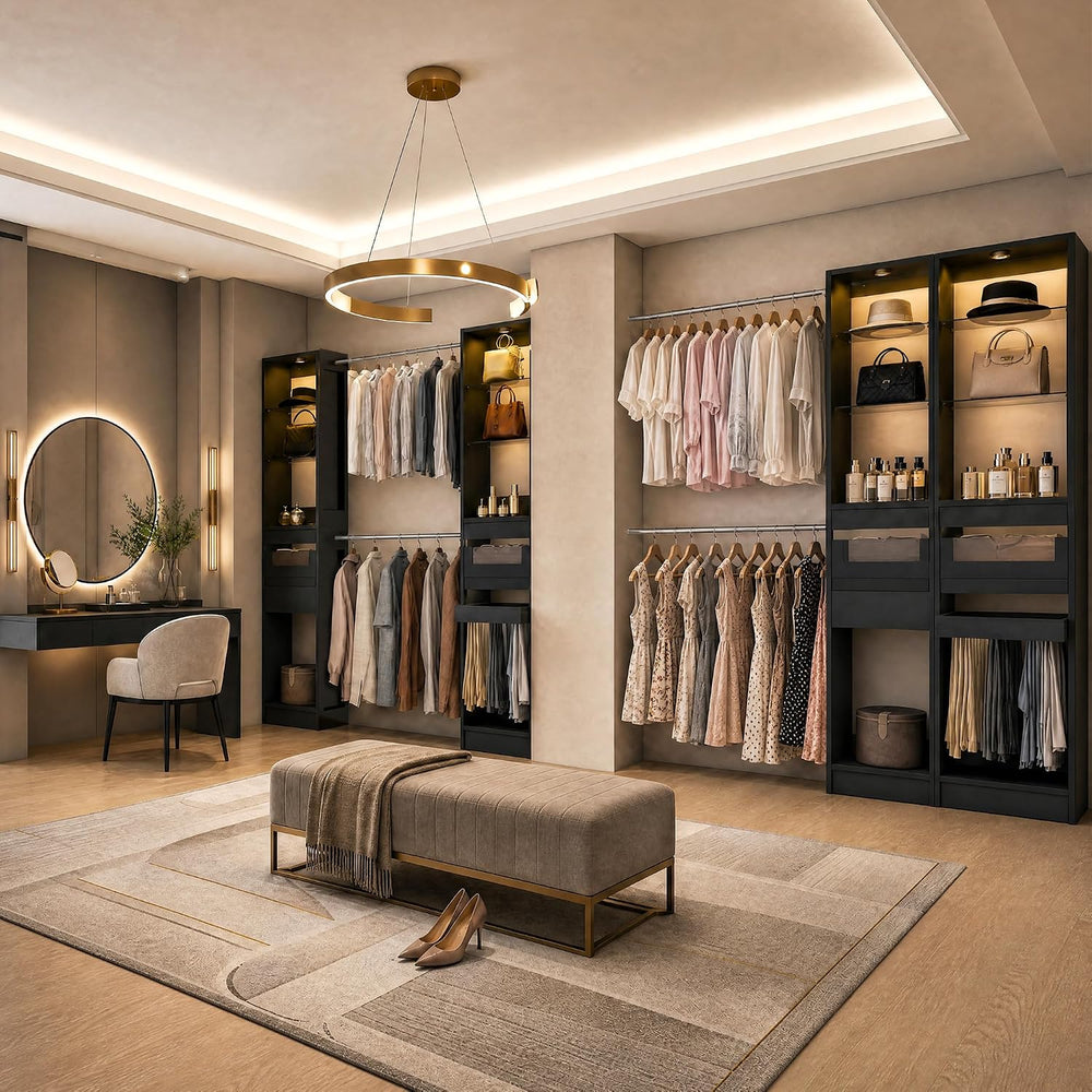 6-12 Ft Closet System with LED Lighting & 4 Adjustable Rods (Black)